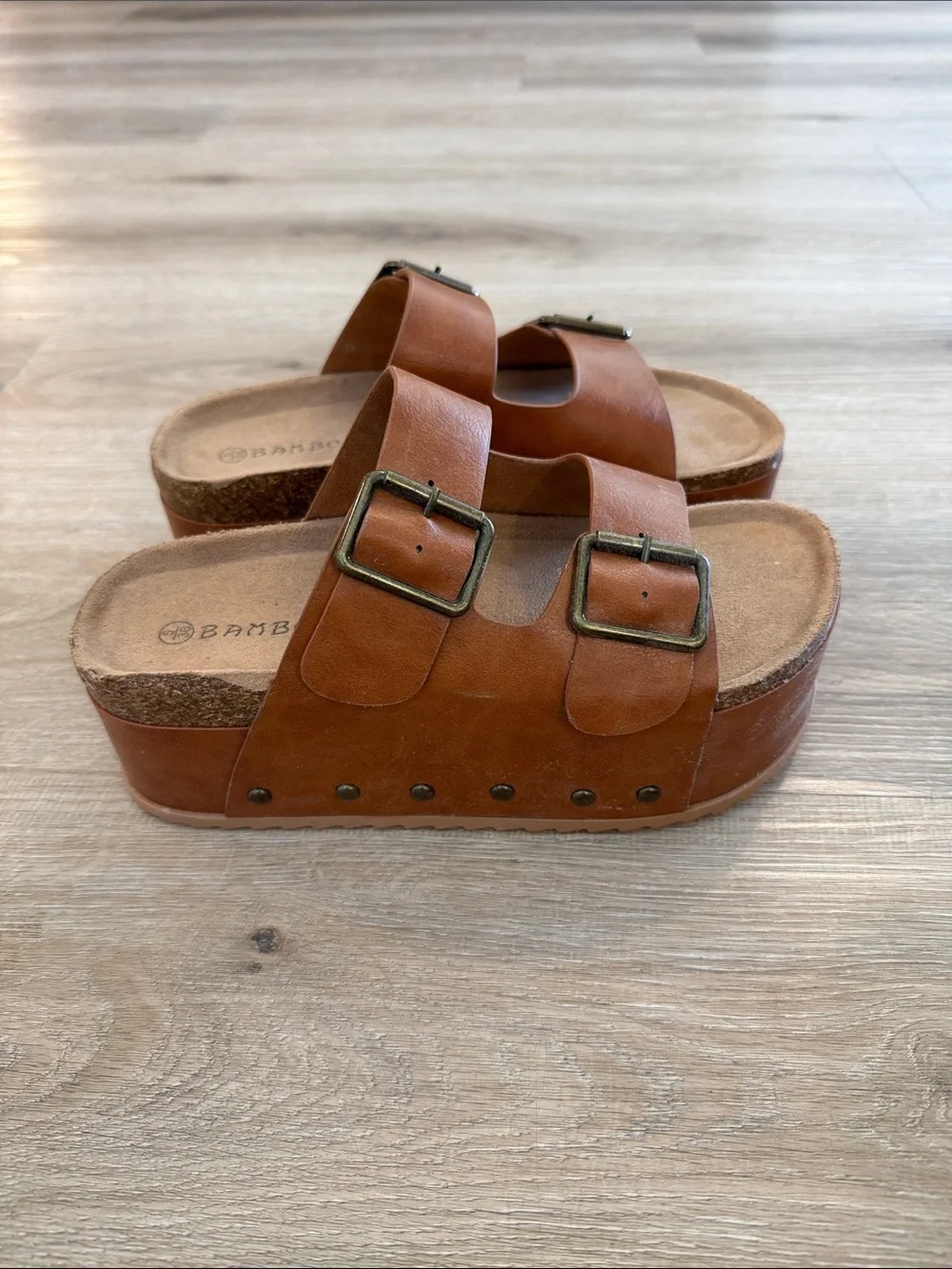 BAMBOO Cognac Double-Buckle Slide Sandals- never worn!